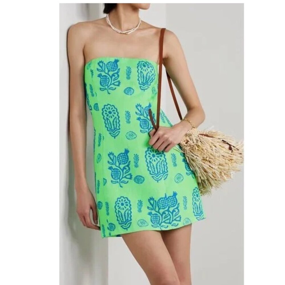 RHODE Strapless Green and Blue Floral Mini Dress